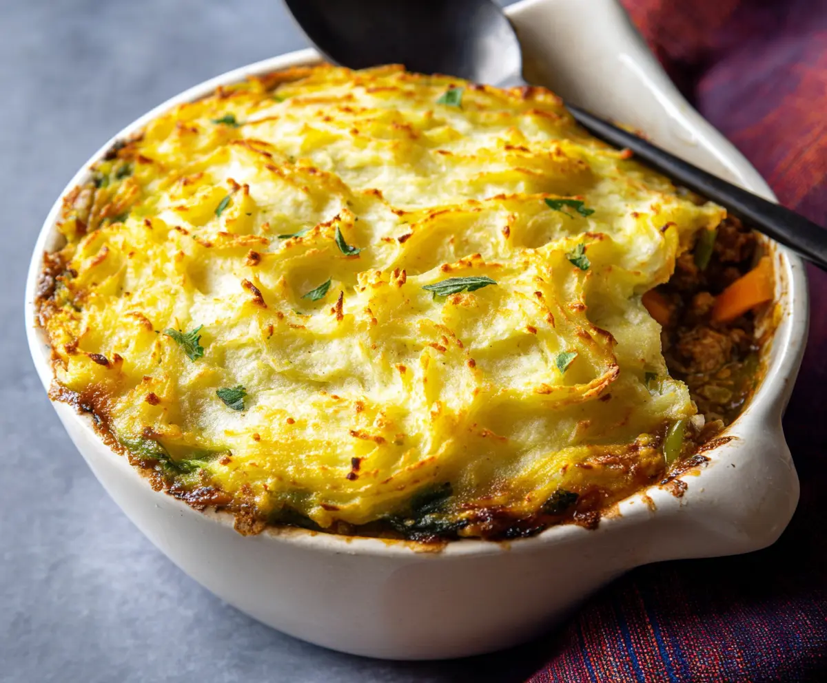 Delicious Irish Shepherd's Pie with seasoned ground meat topped with creamy mashed potatoes.
