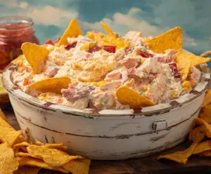 Delicious boat-shaped dip with creamy cheese and fresh herbs served on a platter.