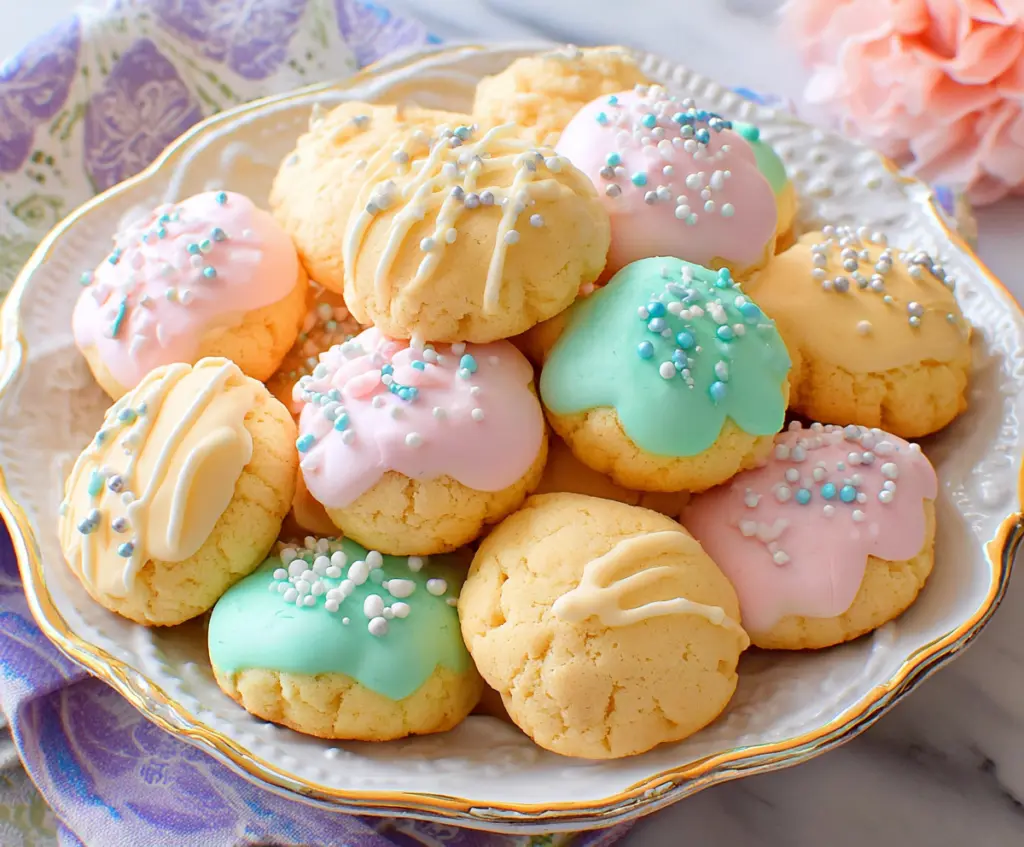 Traditional Italian Easter Cookies with colorful sprinkles on a festive table.