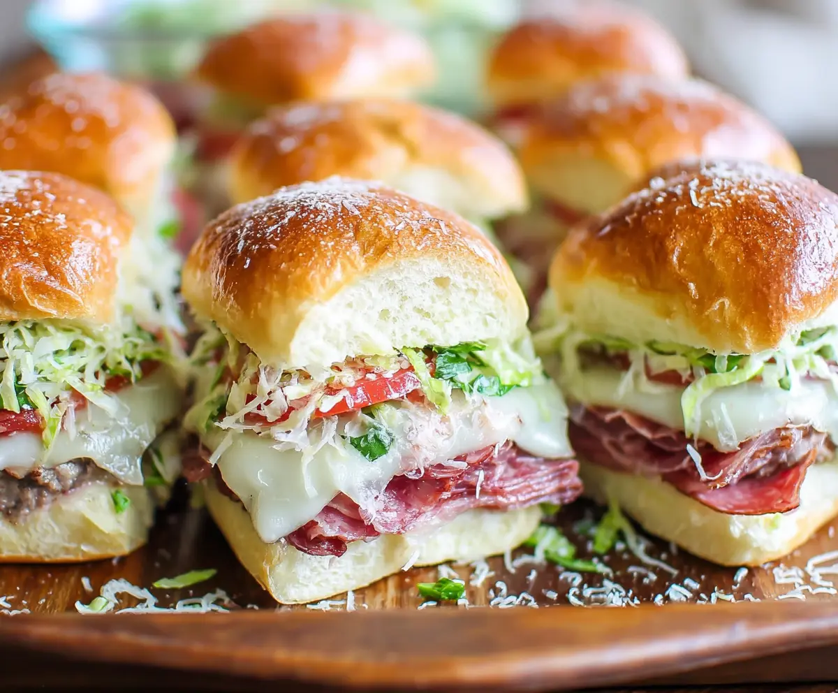 Delicious Italian Grinder Sliders with melted cheese, cured meats, and fresh vegetables on a platter.