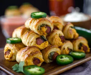 Crispy Jalapeño Popper Pigs In A Blanket with melted cheese and sliced jalapeños