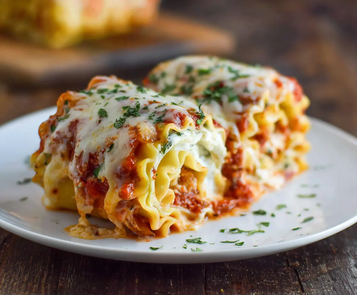 Delicious baked Lasagna Roll Ups filled with cheese and savory meat sauce on a baking dish.