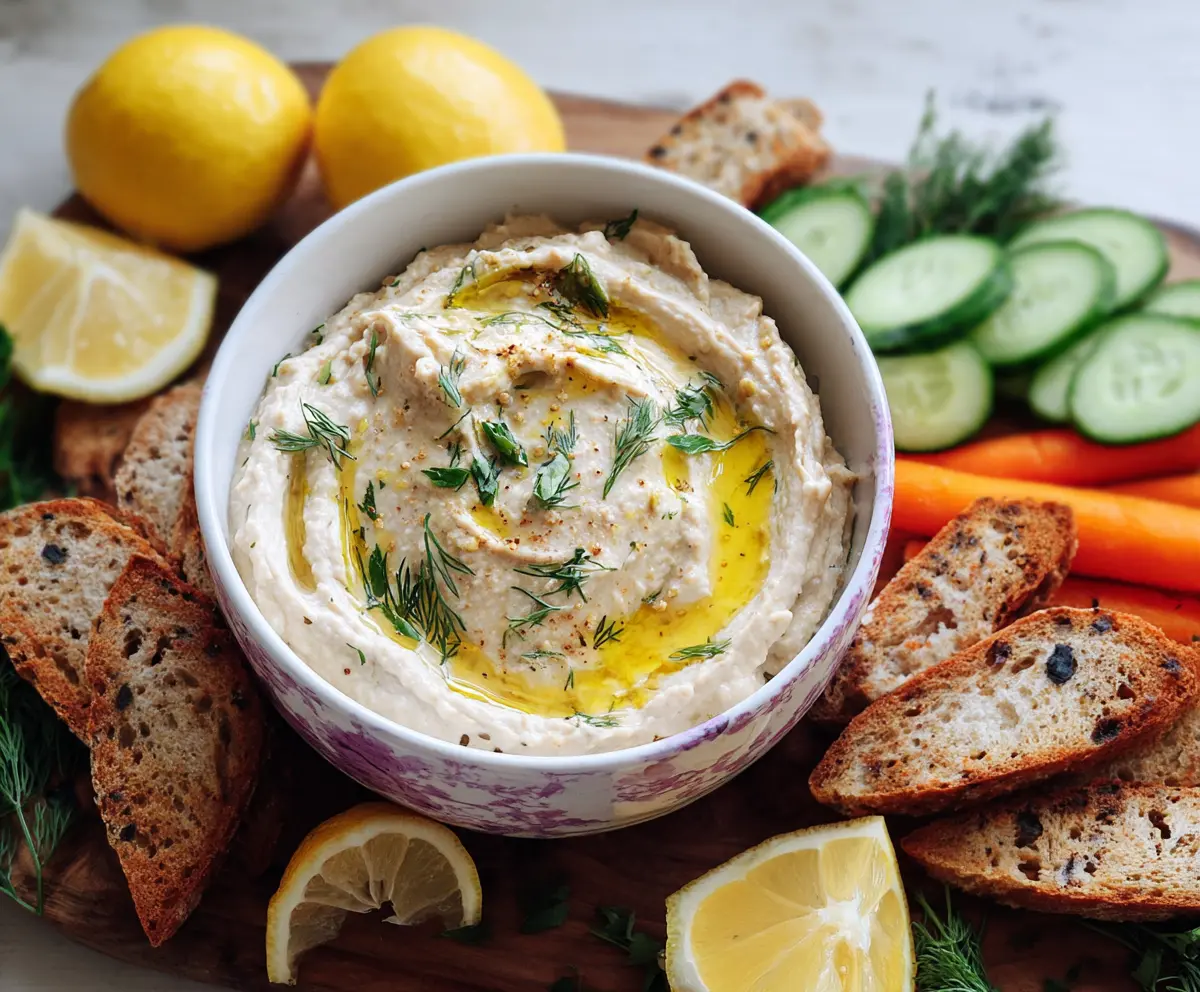 Creamy lemon and herb white bean dip served in a bowl, garnished with fresh herbs for a healthy snack.