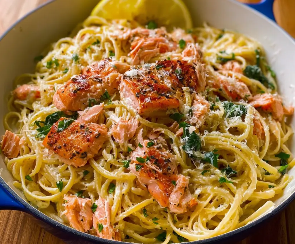 Creamy lemon butter salmon pasta with fresh herbs on a white plate