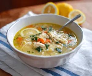 Comforting lemon chicken soup in a bowl with fresh herbs, perfect for a nourishing meal.