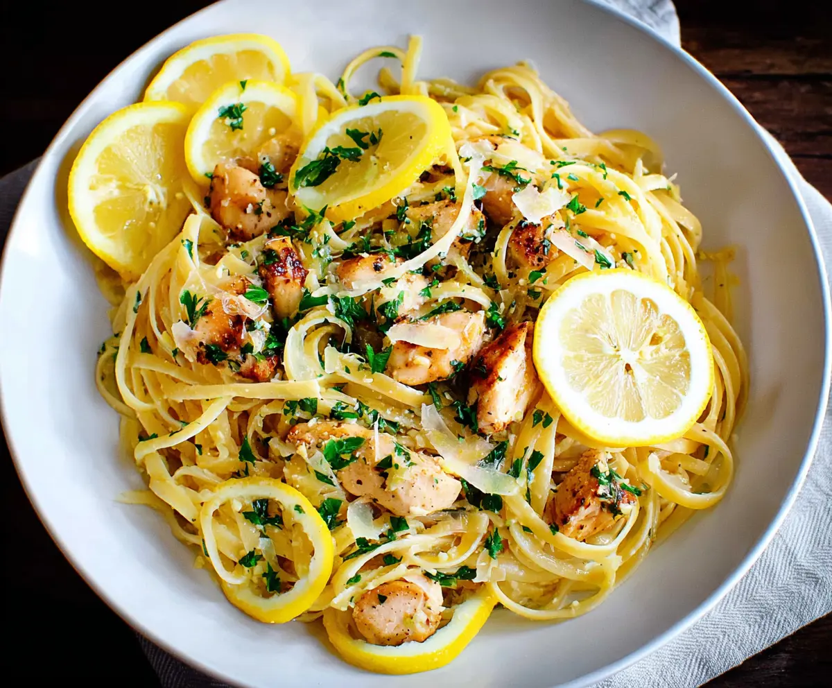 Delicious Lemon Garlic Chicken Pasta on a plate with fresh herbs and lemon wedges.