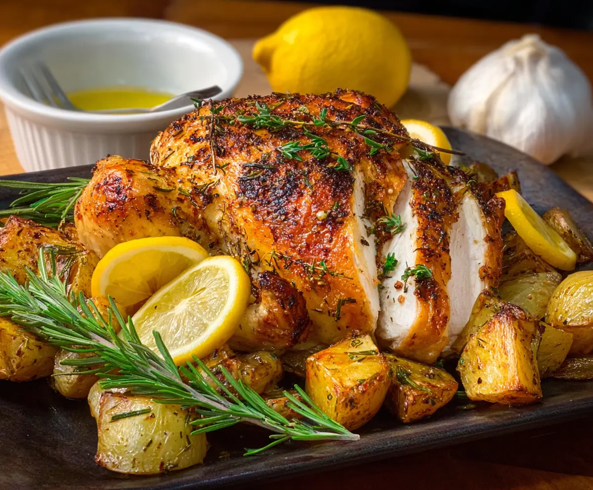 Golden roasted chicken with lemon and fresh herbs on a platter, perfect for a flavorful dinner.