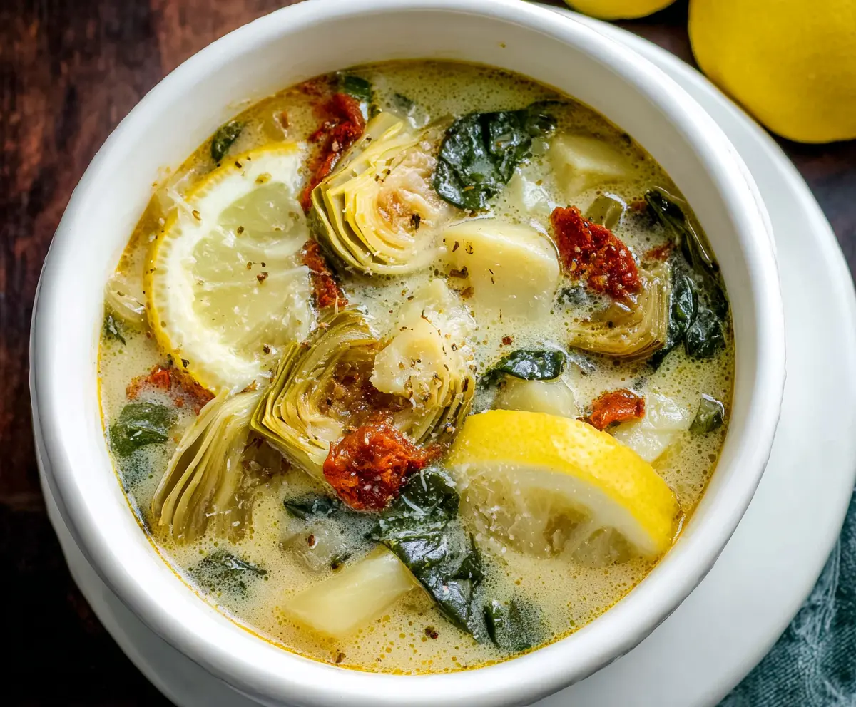 Creamy Lemon Tuscan Artichoke Soup garnished with fresh herbs and lemon slices, served in a rustic bowl.