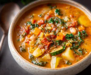Delicious Marry Me Tuscan Vegetable Soup in a bowl with fresh herbs