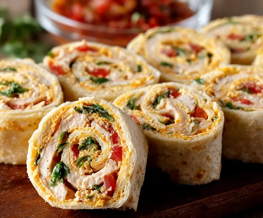 Delicious Mexican Chicken Pinwheel Roll-ups with colorful peppers and melted cheese on a plate.