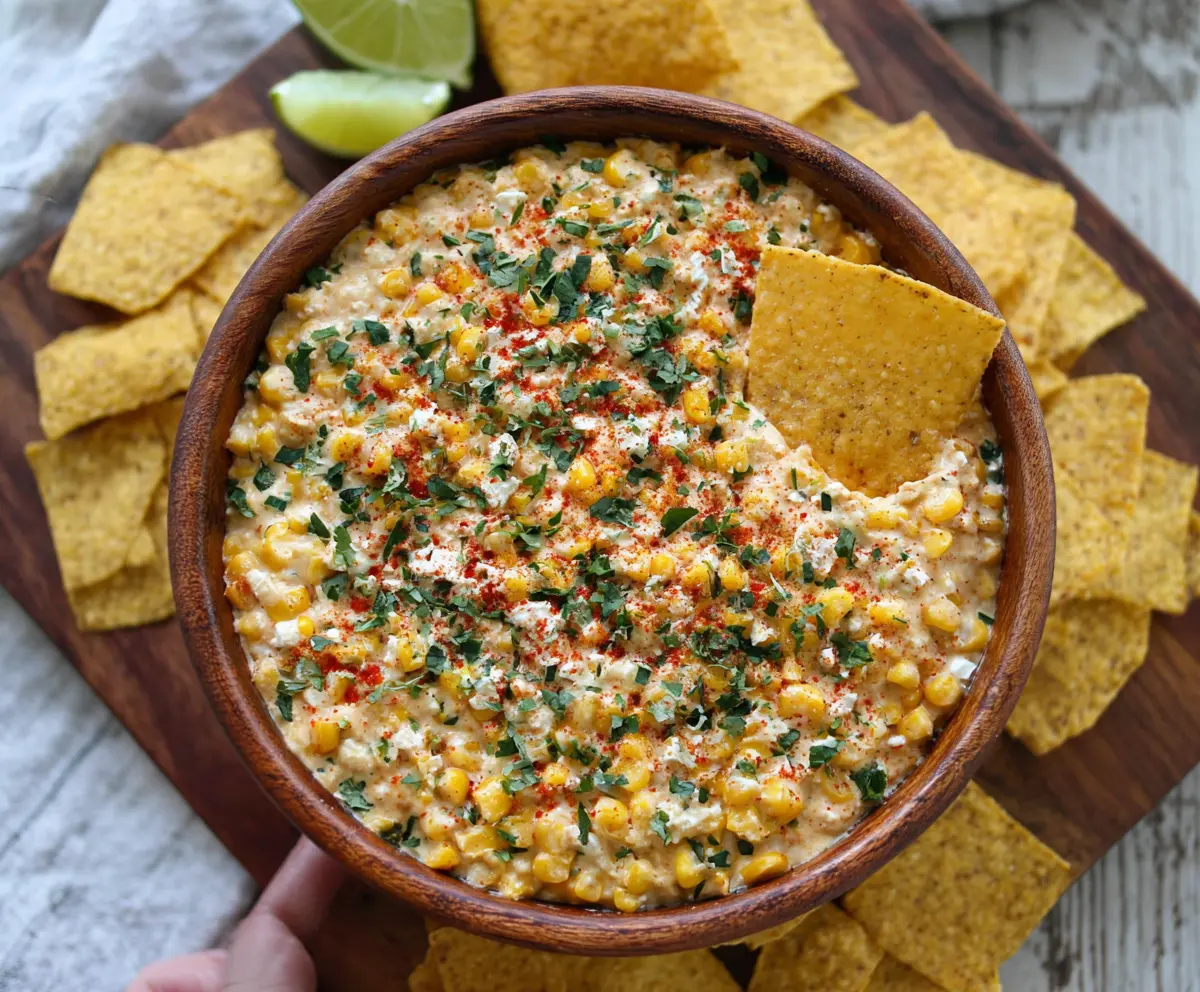 Creamy Mexican Corn Dip with cheese and spices, perfect for snacking or parties.