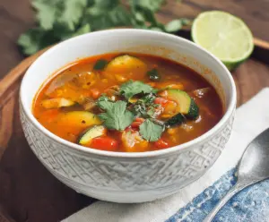Delicious Mexican zucchini soup in a bowl, garnished with fresh herbs and lime wedges.