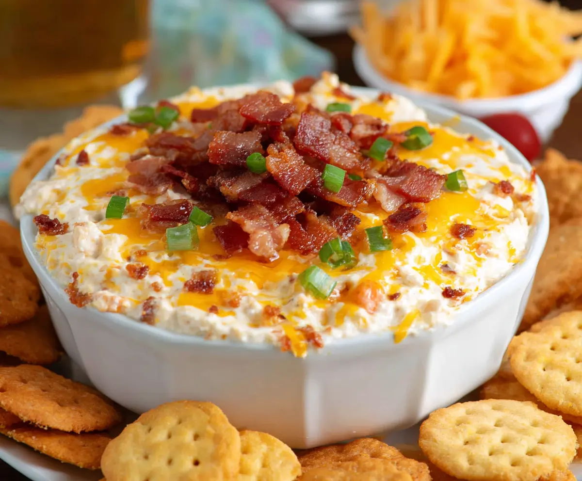 Creamy Million Dollar Dip with crispy bacon and melted cheese served with chips.