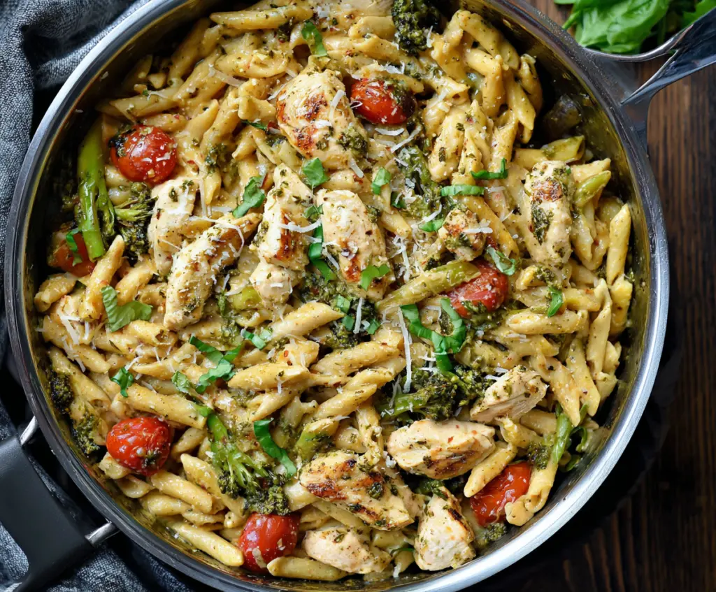 Delicious one pan pesto chicken pasta served on a plate with fresh basil garnish.