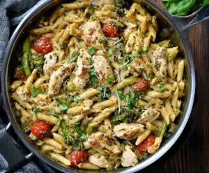Delicious one pan pesto chicken pasta served on a plate with fresh basil garnish.