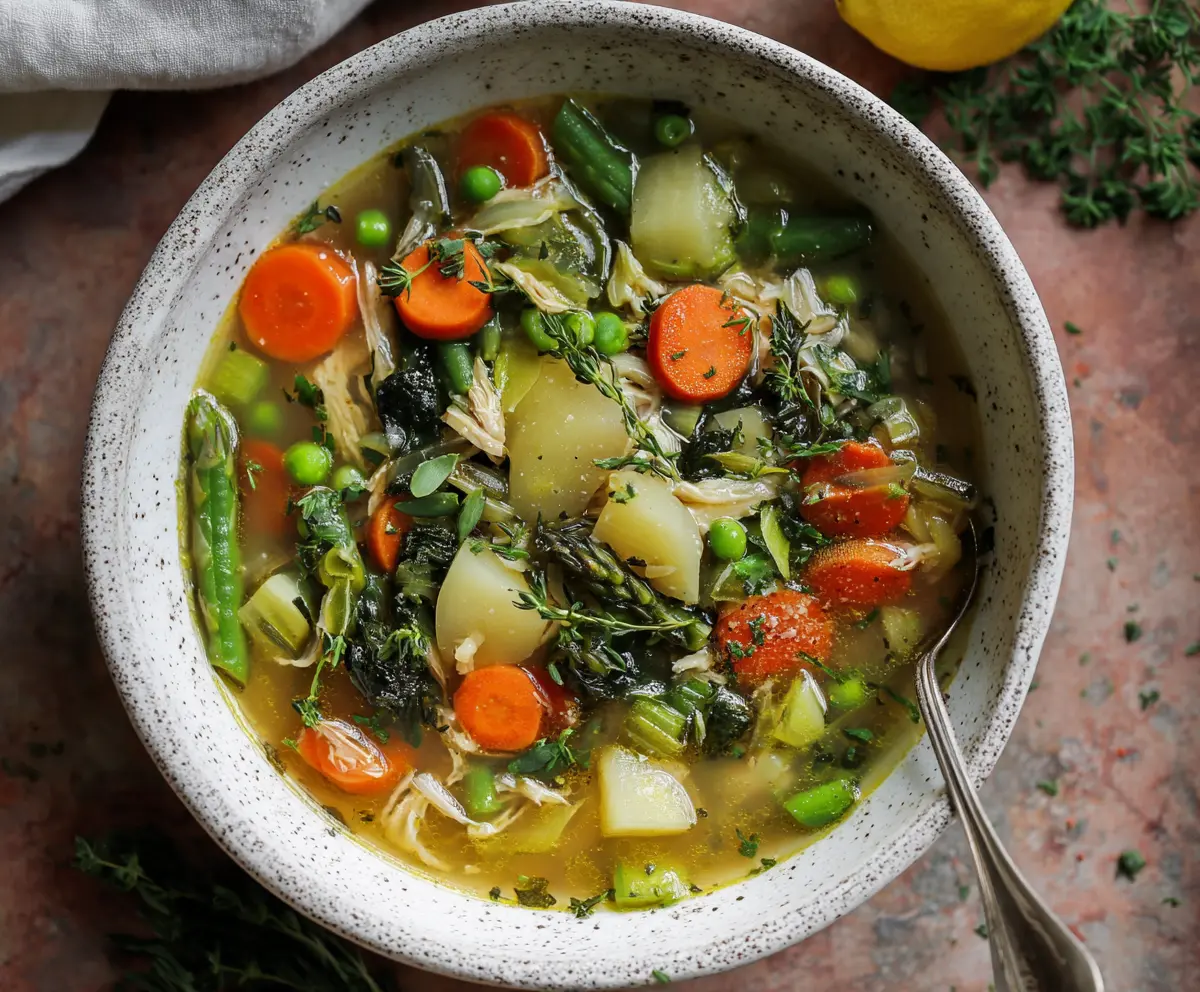 Delicious and healthy one-pot spring vegetable soup with fresh carrots, peas, and asparagus in a stainless steel pot.