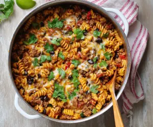 Delicious one pot taco pasta ready to serve, featuring seasoned ground beef, pasta, and fresh toppings