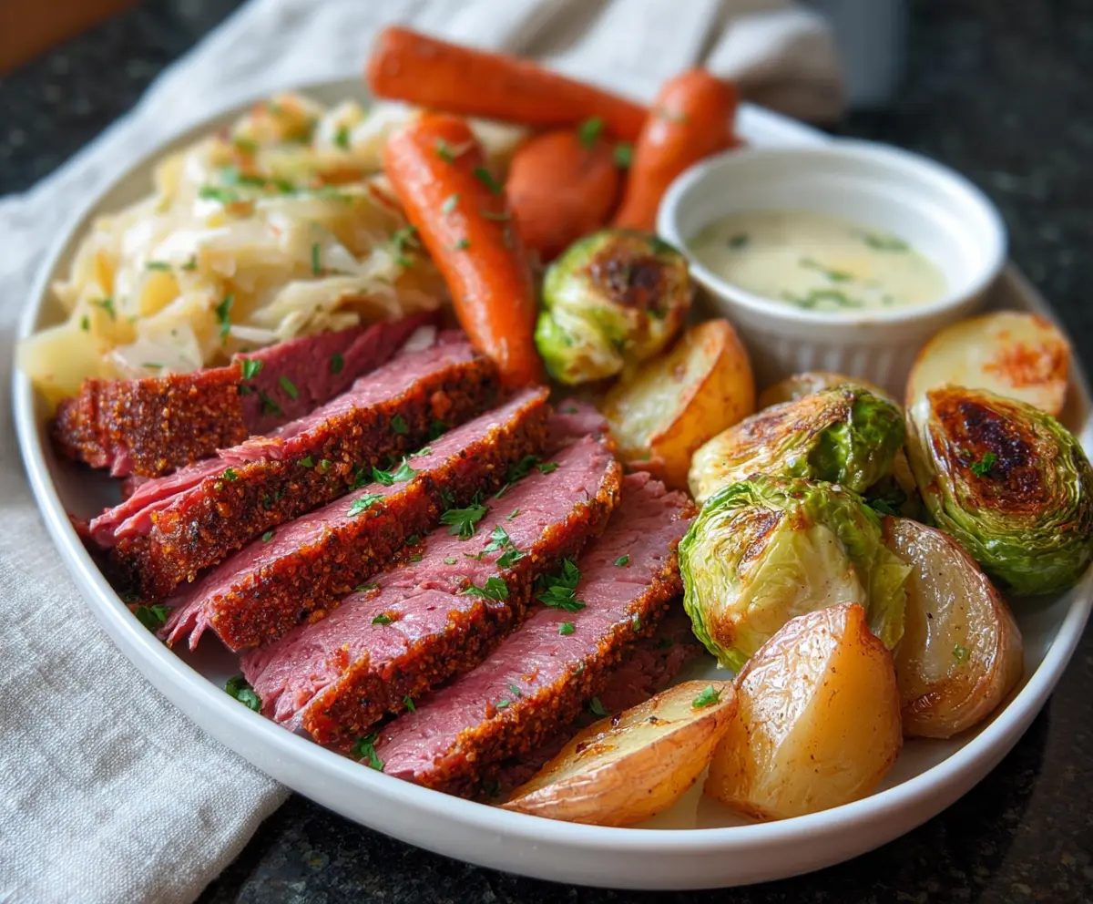Delicious oven-roasted corned beef with cabbage and potatoes on a festive dinner table