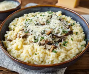 Creamy Parmesan Risotto garnished with freshly grated cheese and herbs on a rustic plate.