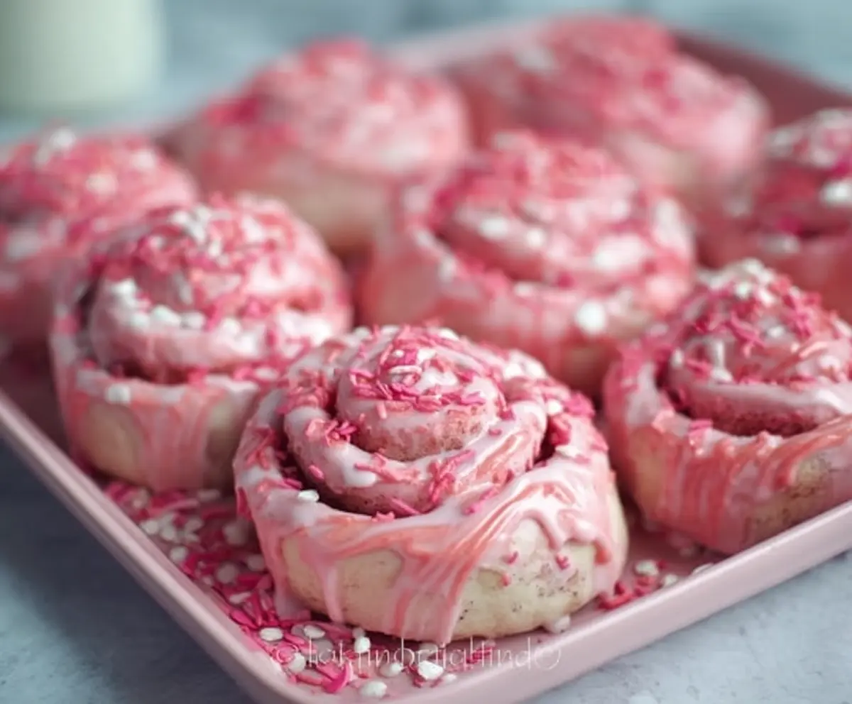 Delicious Pink Velvet Cinnamon Rolls topped with cream cheese frosting, perfect for breakfast or dessert.