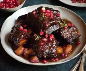 Delicious pomegranate braised short ribs served on a elegant plate, garnished with fresh herbs.