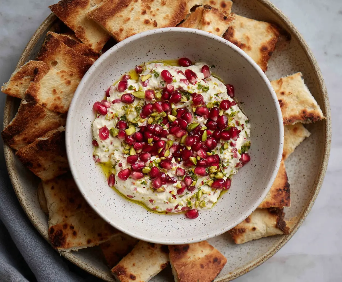 Creamy pomegranate pistachio feta dip served with fresh vegetables.