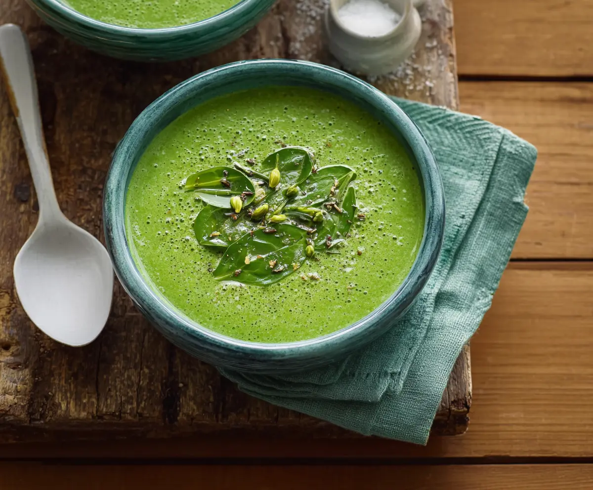 Fresh Primavera Spring Green Soup in a bowl with vibrant vegetables and herbs