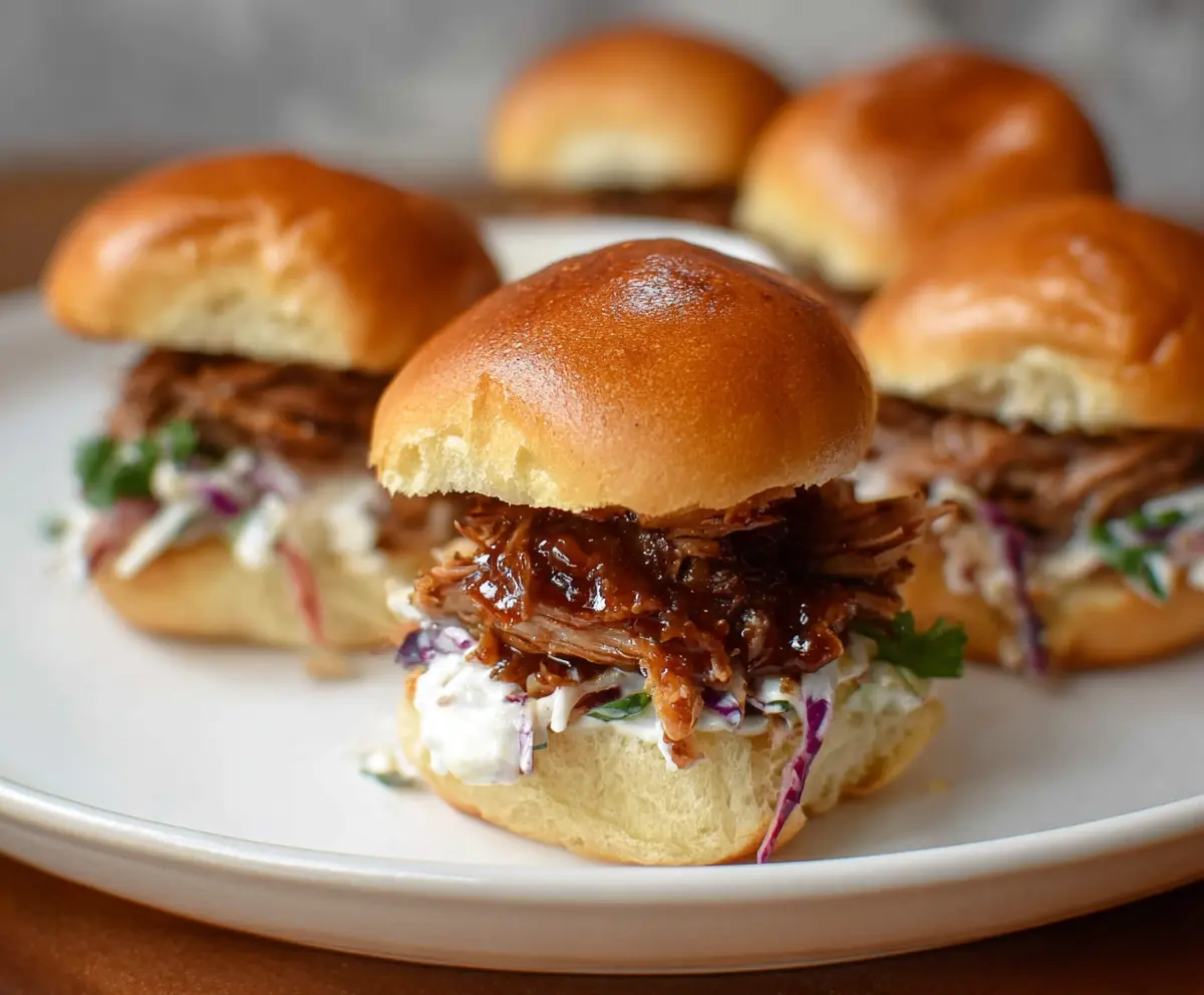 Delicious pulled pork sliders topped with fresh lettuce and tangy barbecue sauce on a wooden serving board.