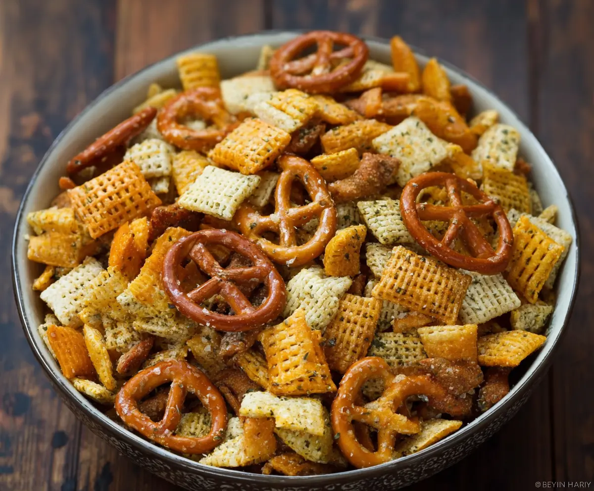 Chex Mix with ranch seasoning, served as a crunchy snack ideal for parties and gatherings.