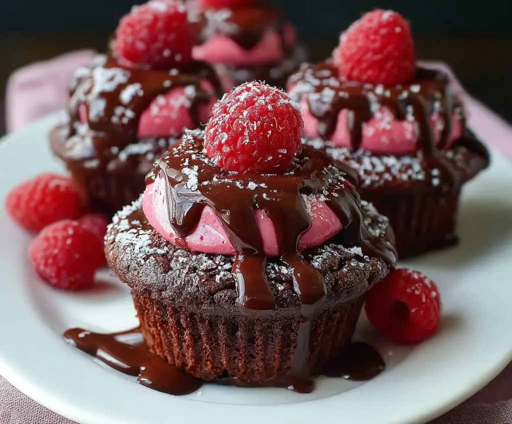 Delicious Raspberry Chocolate Lava Cupcakes with molten filling, perfect for dessert lovers.