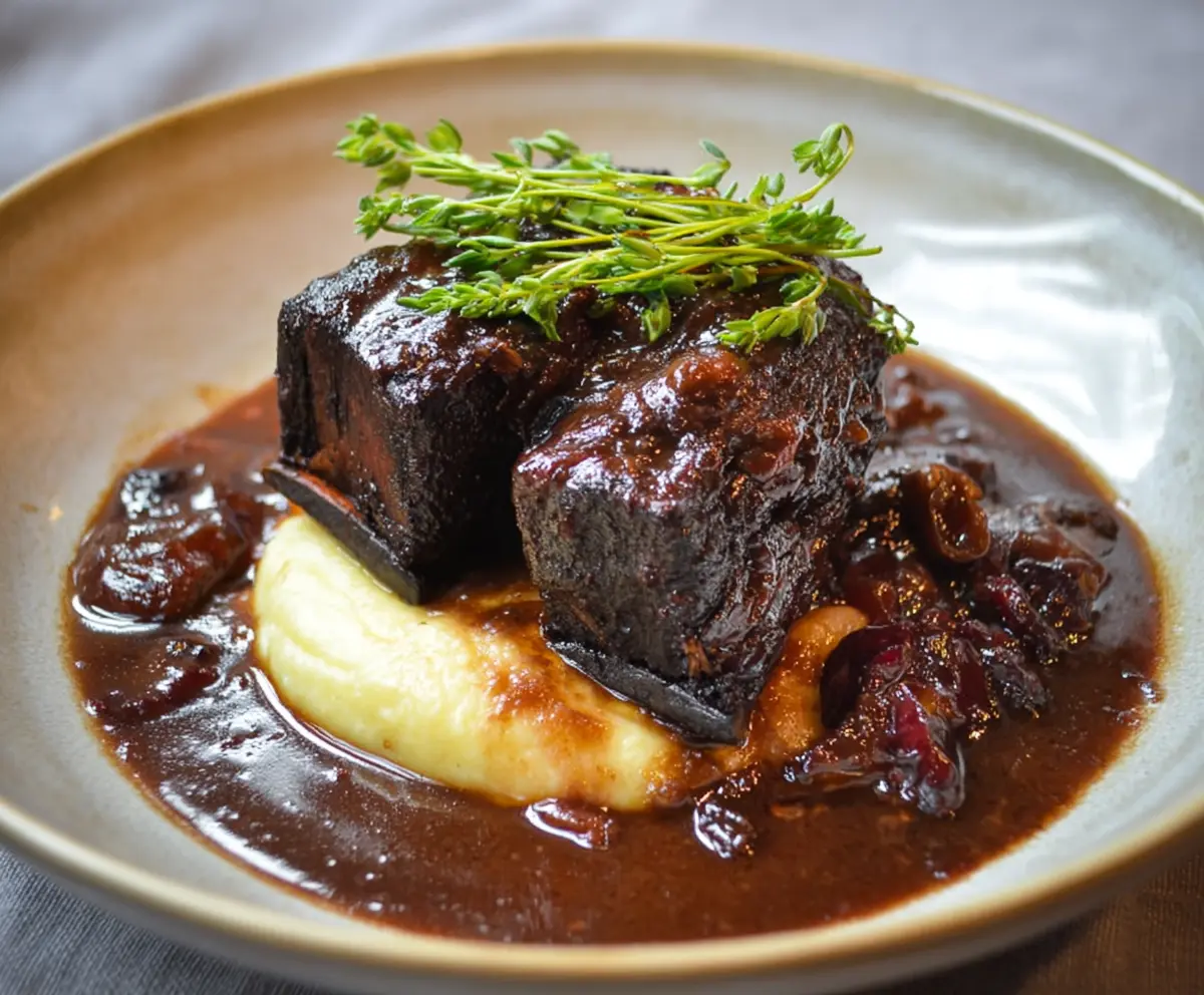 Delicious red wine braised short ribs served with potatoes and vegetables, perfect for a hearty meal.