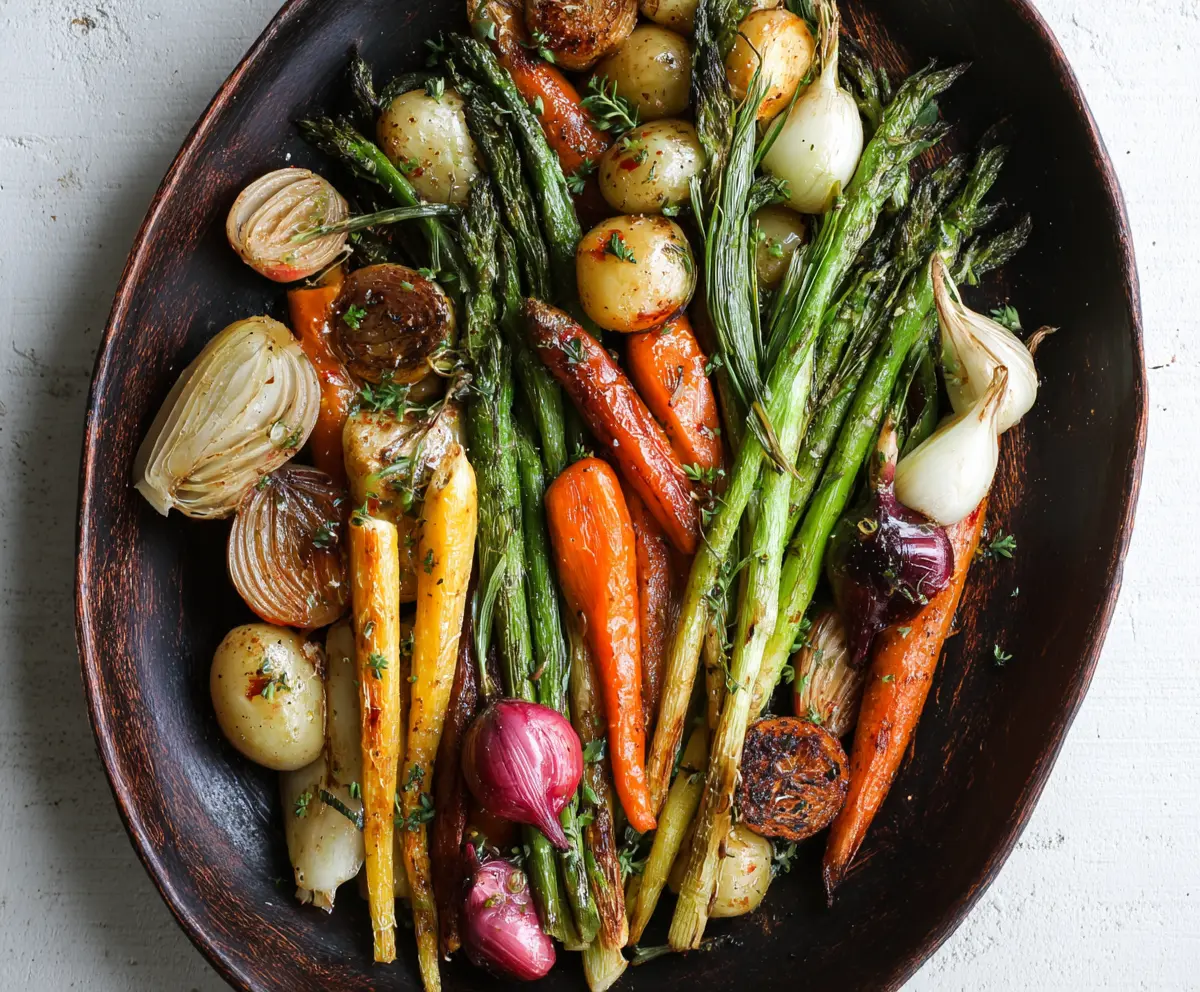 Colorful roasted spring vegetables on a white plate, showcasing fresh carrots, asparagus, and snap peas.