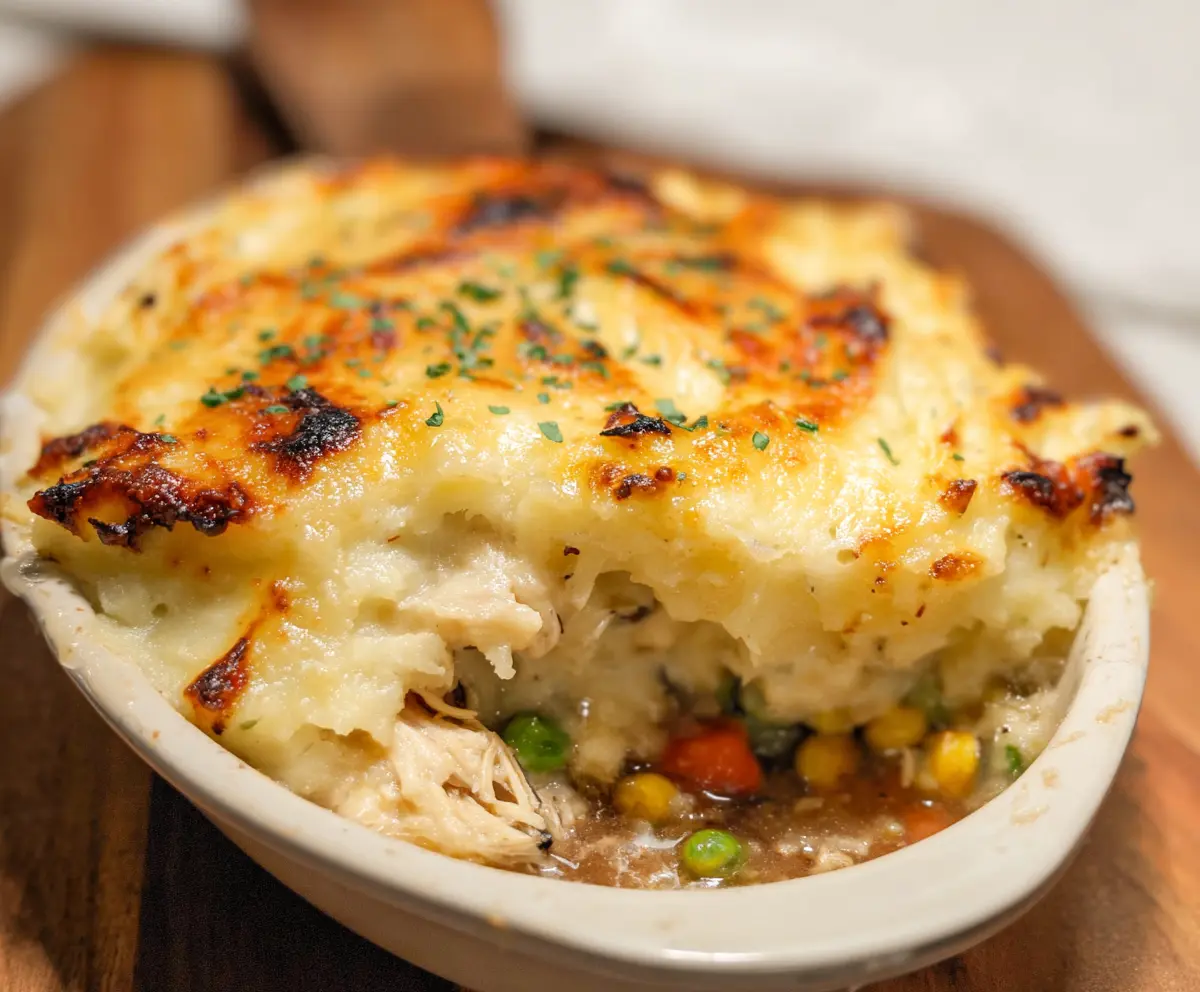 Delicious rotisserie chicken shepherd's pie in a baking dish with mashed potatoes and savory filling
