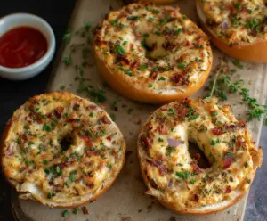 Delicious savory quiche stuffed bagels with golden-brown crust and cheesy filling.