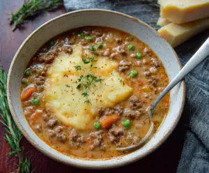 Hearty Shepherd's Pie Soup with minced meat, vegetables, and mashed potato topping in a bowl