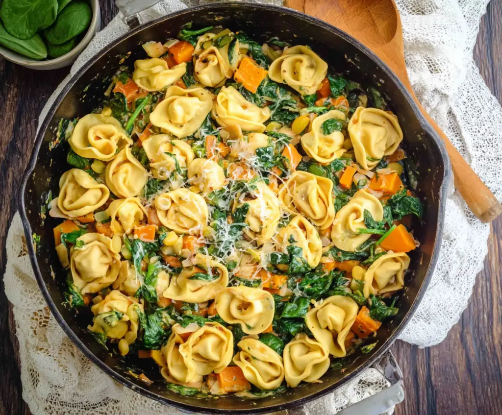Close-up of skillet tortellini with sweet potato and spinach, highlighting a colorful, hearty meal.