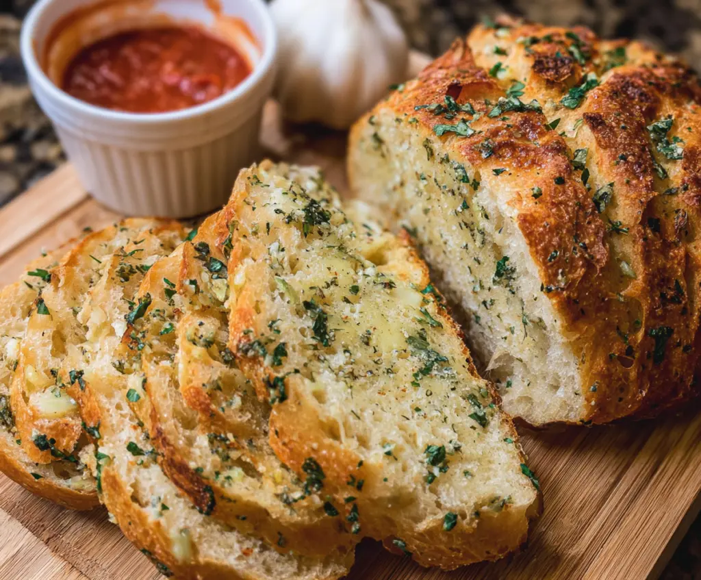 Delicious homemade sourdough garlic bread fresh out of the oven with golden crispy crust and aromatic garlic topping.