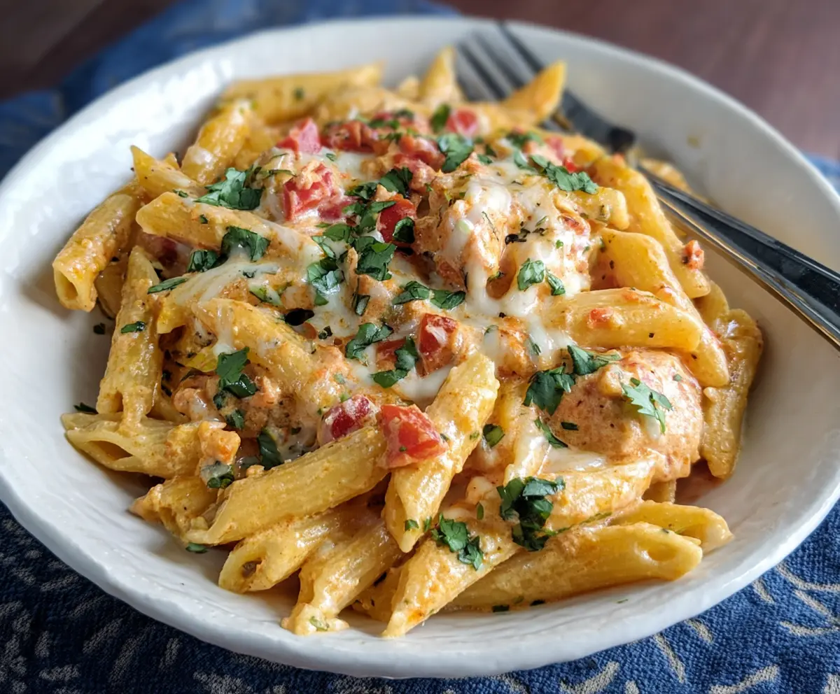 Delicious Southwest Alfredo Penne Pasta with spicy peppers and creamy sauce on a plate.