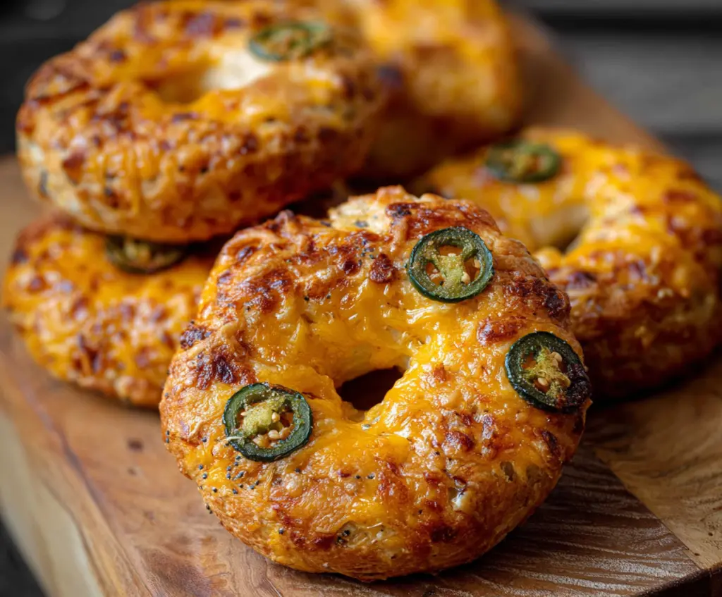 Delicious spicy jalapeño cheddar bagels with melted cheese and fresh jalapeños on top.
