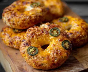 Delicious spicy jalapeño cheddar bagels with melted cheese and fresh jalapeños on top.