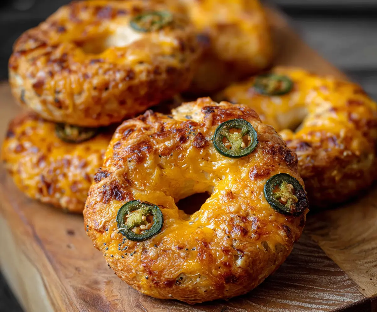 Delicious spicy jalapeño cheddar bagels with melted cheese and fresh jalapeños on top.