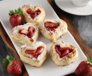 Delicious homemade strawberry Danish hearts with flaky pastry and fresh strawberry filling