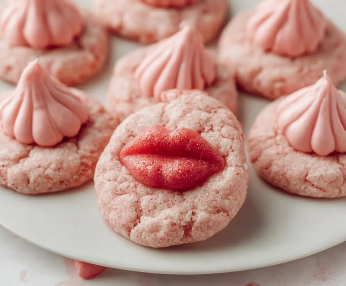 Delicious Strawberry Kiss Cookies with pink frosting and sprinkles on a white plate.