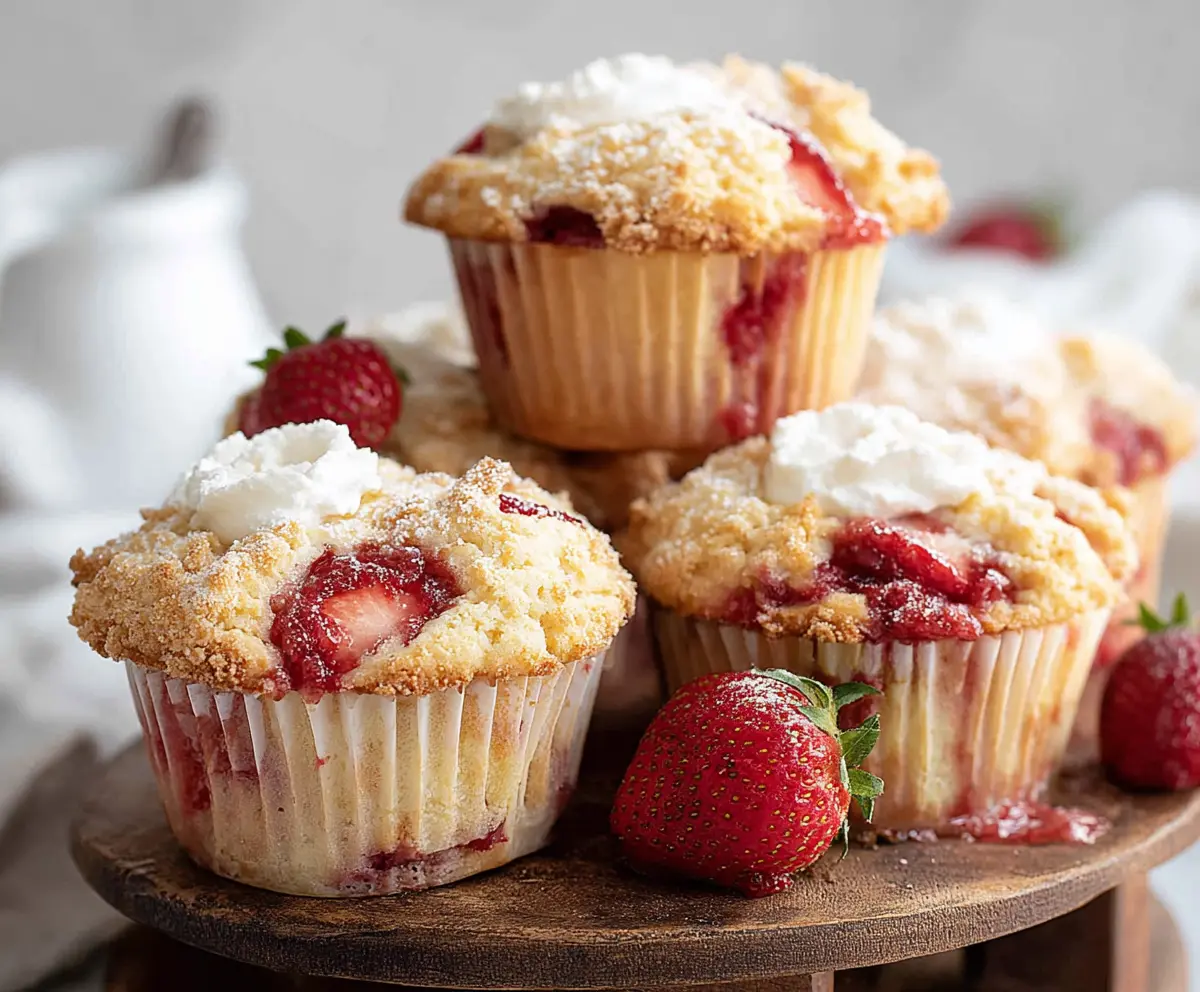 Delicious strawberry shortcake muffins topped with fresh strawberries and whipped cream.