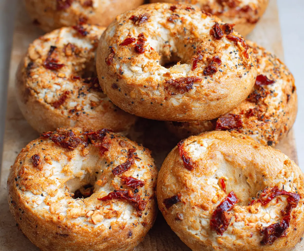 Golden sun-dried tomato sourdough bagels with a crispy crust on a rustic wooden board.