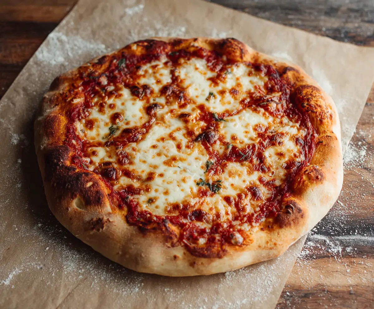 Close-up of a homemade sourdough pizza crust ready for toppings on a wooden surface.