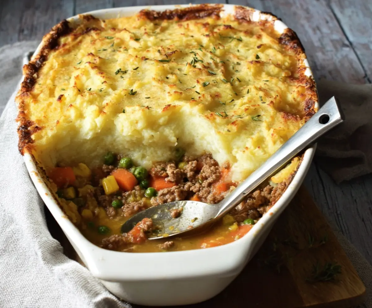 Delicious homemade Turkey Shepherd's Pie topped with mashed potatoes and seasoned ground turkey.