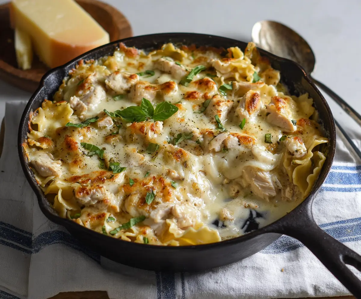 Delicious White Chicken Skillet Lasagna with creamy cheese and tender chicken in a skillet.