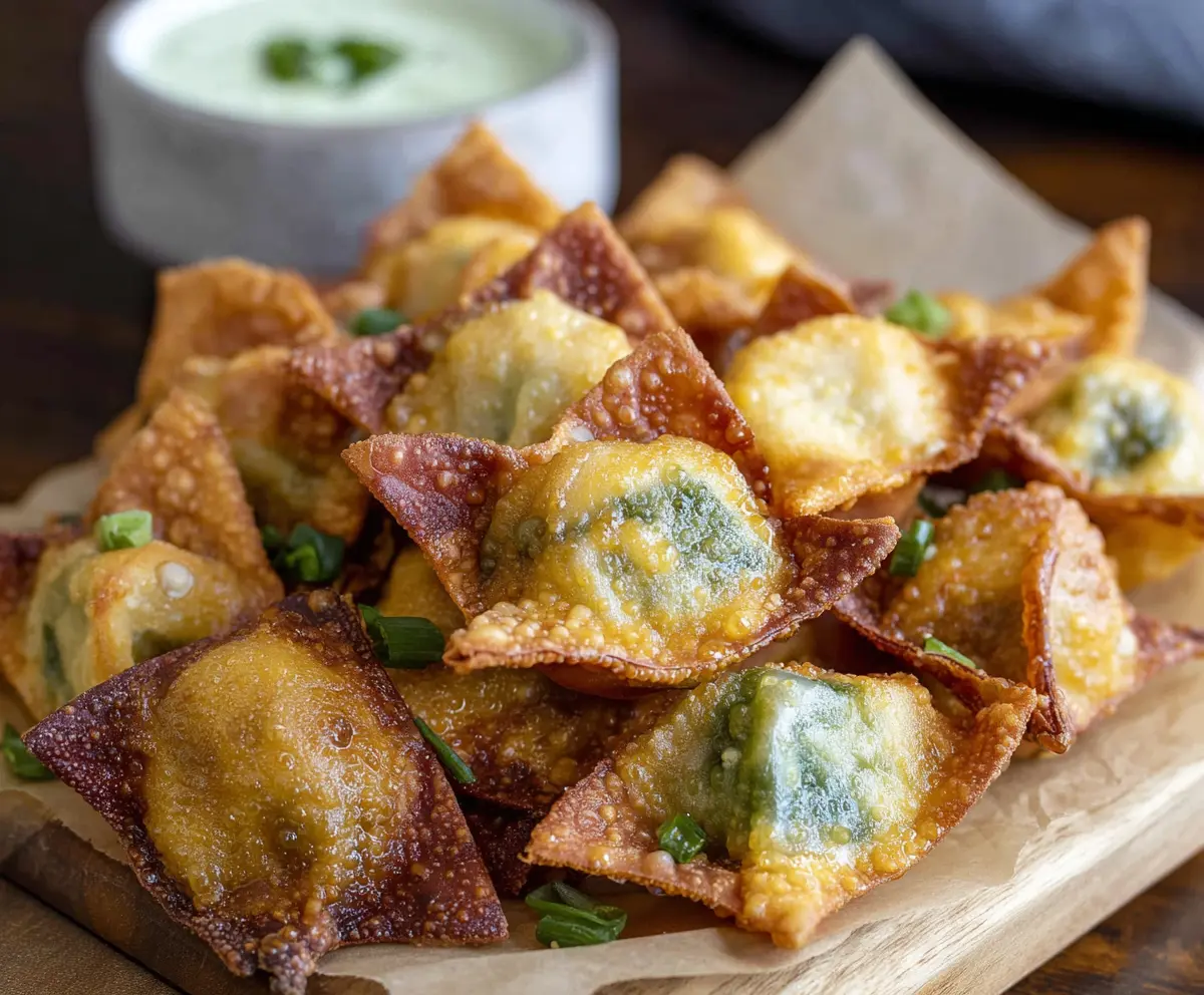 Delicious Wonton Jalapeño Poppers with melted cheese and spicy jalapeños on a white plate.
