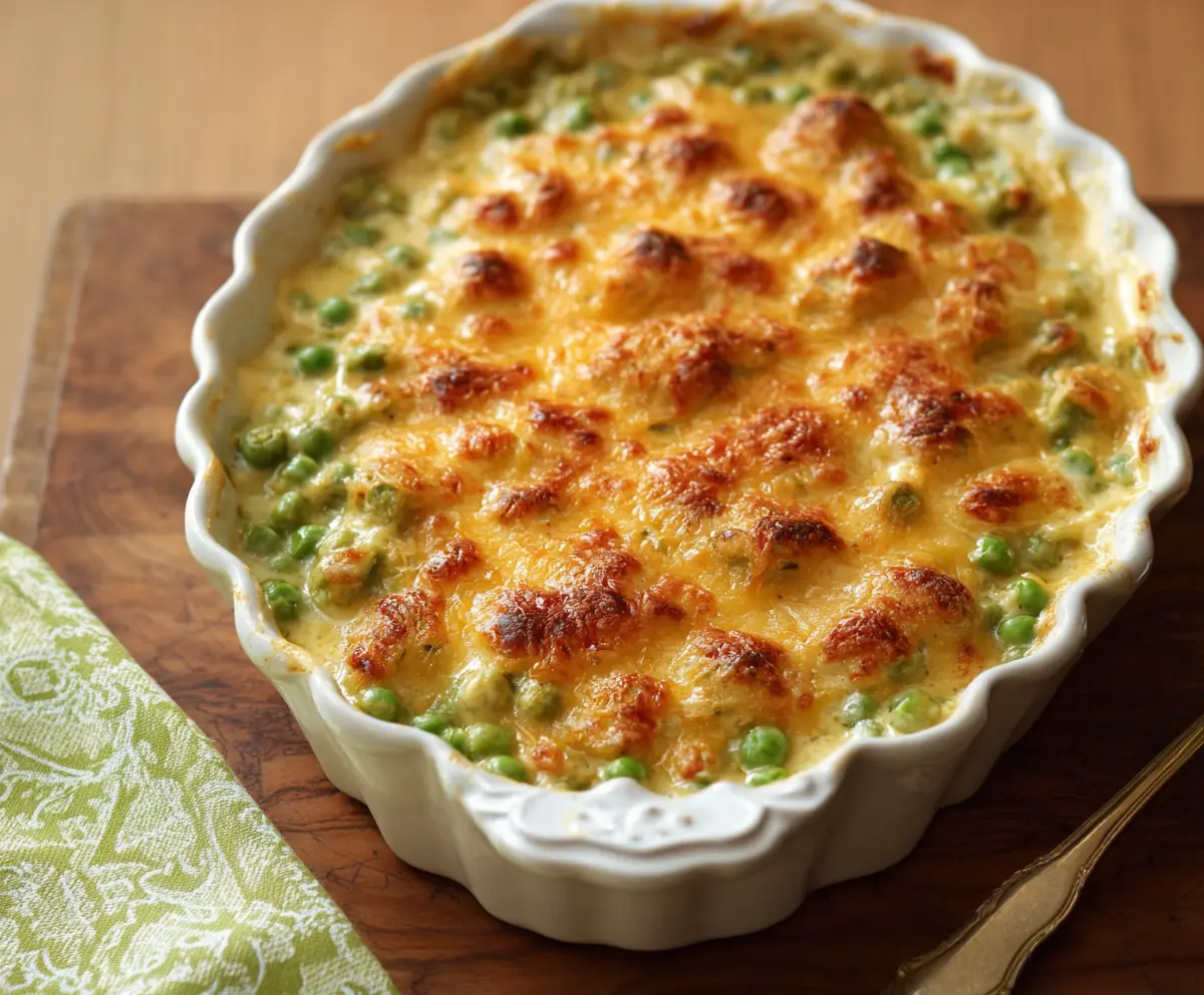 Creamy Au Gratin Creamed Peas served as a delicious side dish